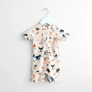 NWT Cute Boys One-Piece Swimsuit Short Sleeve Swimwear Summer Under the Sea 1-2Y